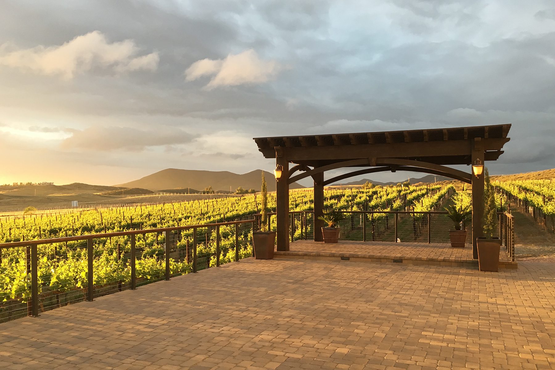 A gazebo overlooking a vineyard at sunset.