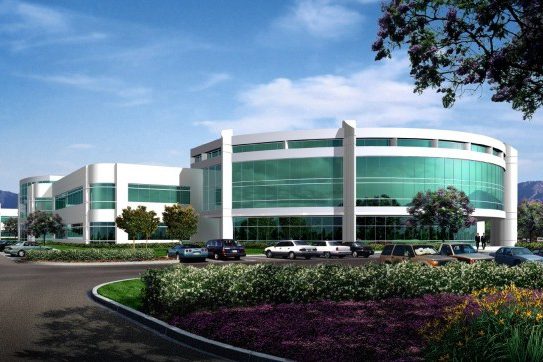 An artist's rendering of a large office building.